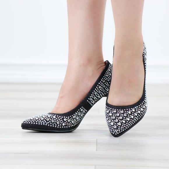 Sparkly Diamond Rhinestone Glitter  Black Pointy Toe Needle High Heel Stiletto - Picture 12 of 15